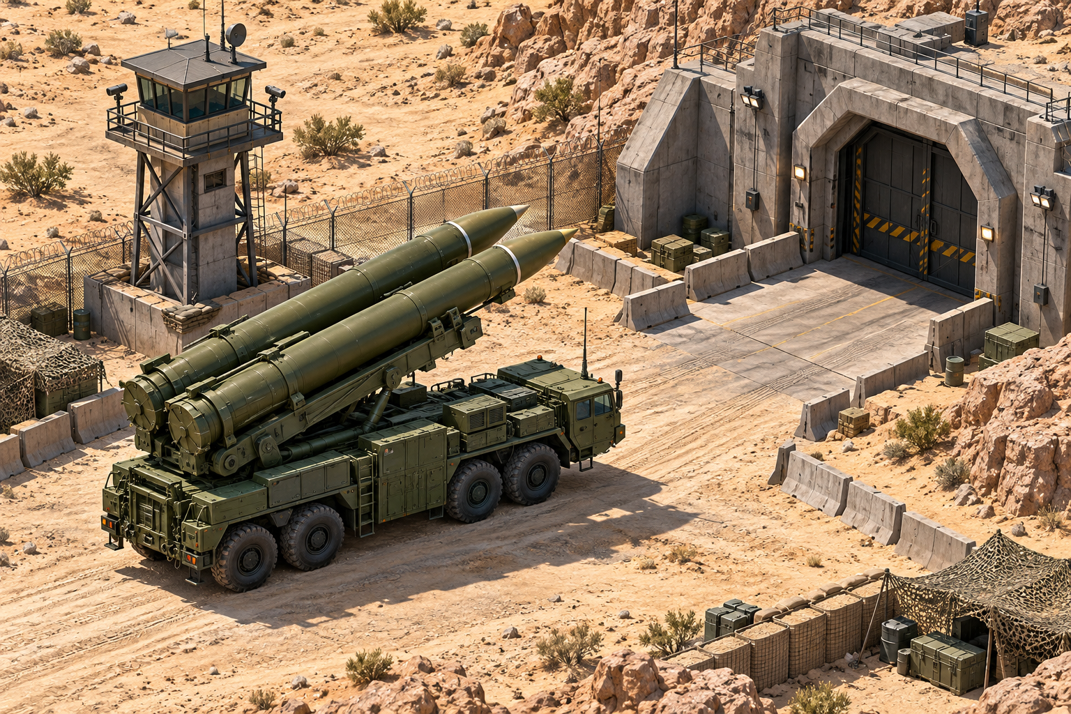 Missile launcher beside a desert tunnel