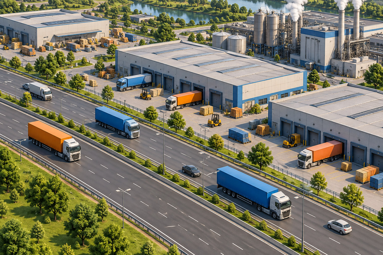Cargo trucks on a city highway
